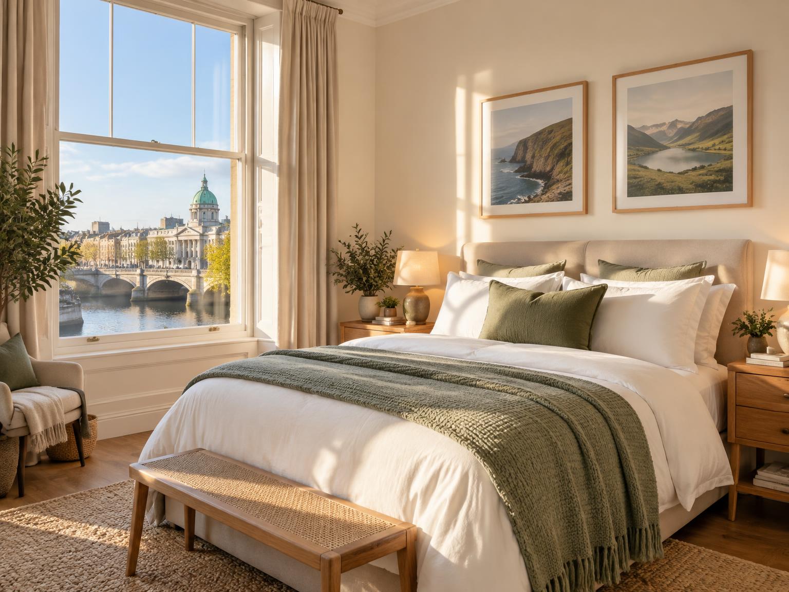 A bright, sunlit double bedroom with a window looking out over the river and city