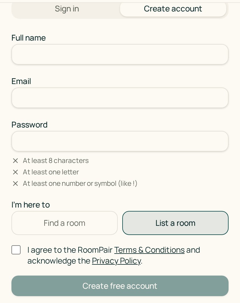 The RoomPair sign-up screen with List a room selected